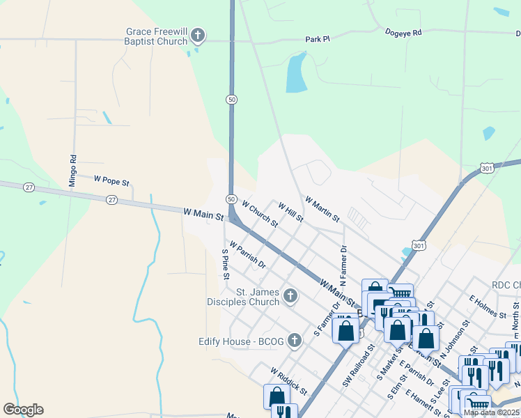 map of restaurants, bars, coffee shops, grocery stores, and more near 700 West Church Street in Benson