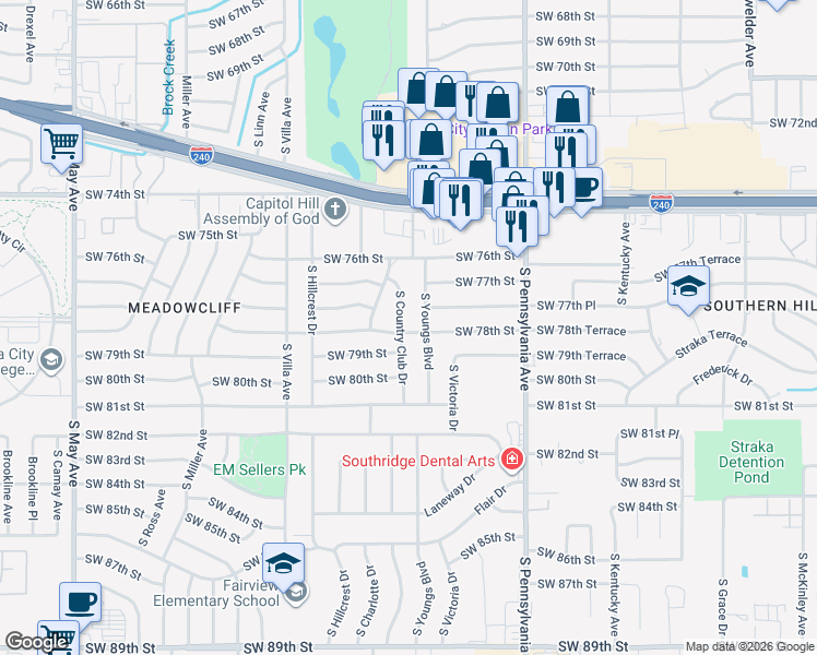 map of restaurants, bars, coffee shops, grocery stores, and more near 7800 South Country Club Drive in Oklahoma City