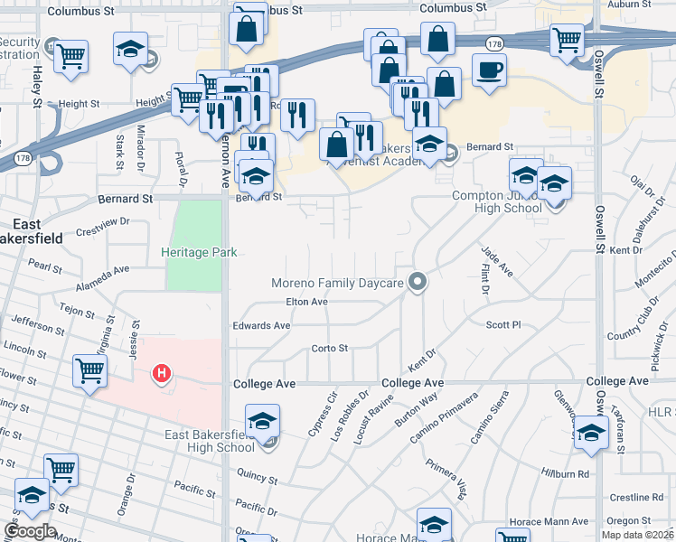 map of restaurants, bars, coffee shops, grocery stores, and more near 2217 Manley Court in Bakersfield