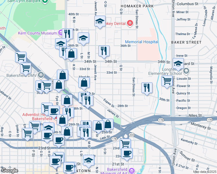 map of restaurants, bars, coffee shops, grocery stores, and more near 1004 31st Street in Bakersfield
