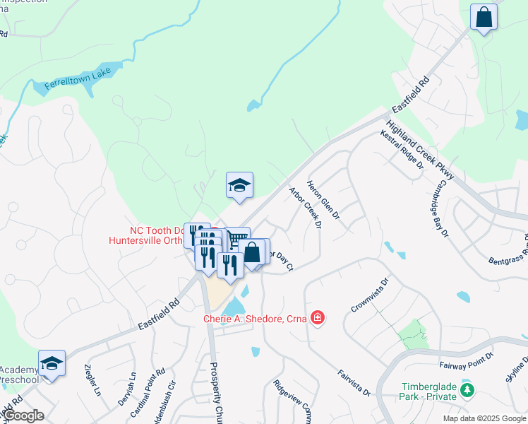 map of restaurants, bars, coffee shops, grocery stores, and more near 13340 Eastfield Road in Huntersville