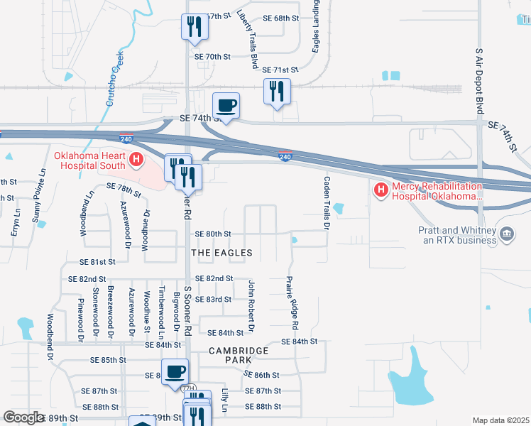 map of restaurants, bars, coffee shops, grocery stores, and more near 6005 Southeast 78th Street in Oklahoma City
