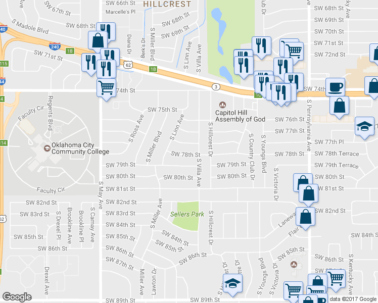 map of restaurants, bars, coffee shops, grocery stores, and more near 2512 Southwest 77th Street in Oklahoma City