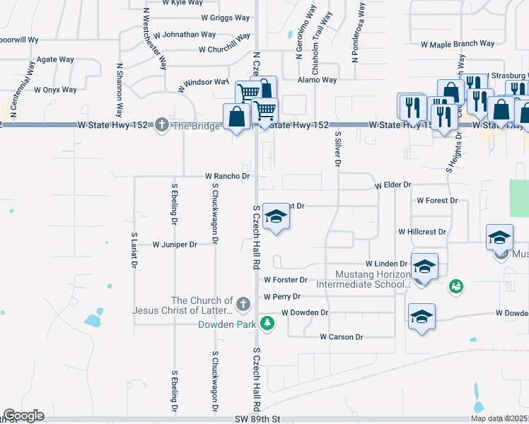 map of restaurants, bars, coffee shops, grocery stores, and more near 831 West Forest Drive in Mustang