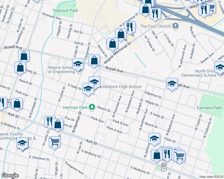 map of restaurants, bars, coffee shops, grocery stores, and more near 1008 Edgerton Street in Goldsboro