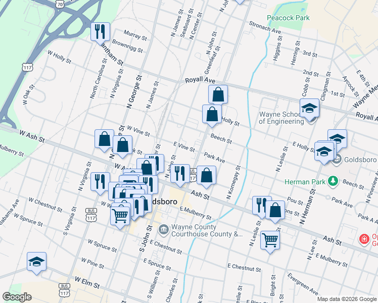 map of restaurants, bars, coffee shops, grocery stores, and more near 210 East Vine Street in Goldsboro