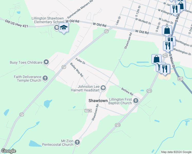 map of restaurants, bars, coffee shops, grocery stores, and more near 121 Zenobia Avenue in Lillington