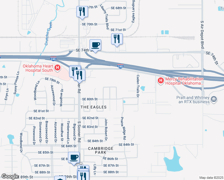 map of restaurants, bars, coffee shops, grocery stores, and more near 6005 Southeast 78th Street in Oklahoma City