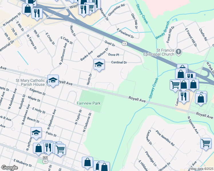map of restaurants, bars, coffee shops, grocery stores, and more near 2001 Royall Avenue in Goldsboro