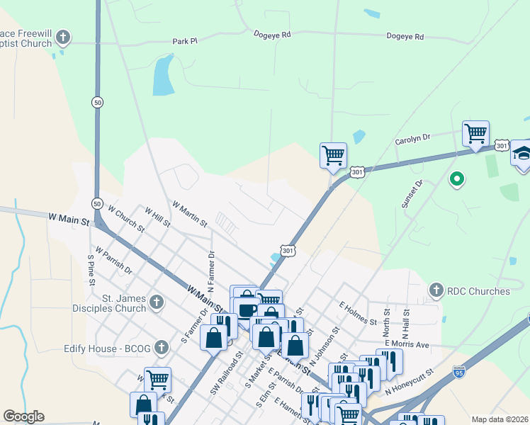map of restaurants, bars, coffee shops, grocery stores, and more near 305 West Hale Street in Benson