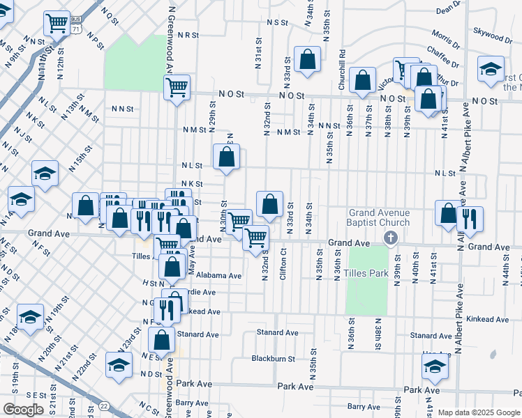 map of restaurants, bars, coffee shops, grocery stores, and more near 1119 North 32nd Street in Fort Smith