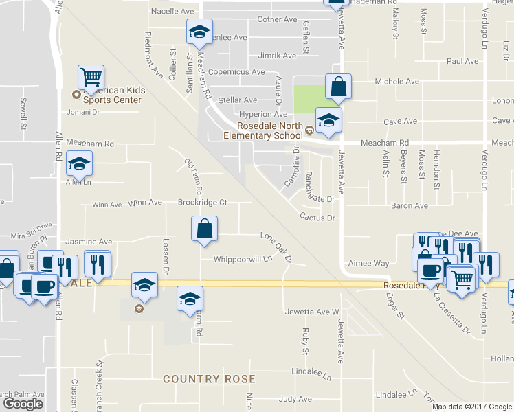 map of restaurants, bars, coffee shops, grocery stores, and more near 11709 Brockridge Court in Bakersfield