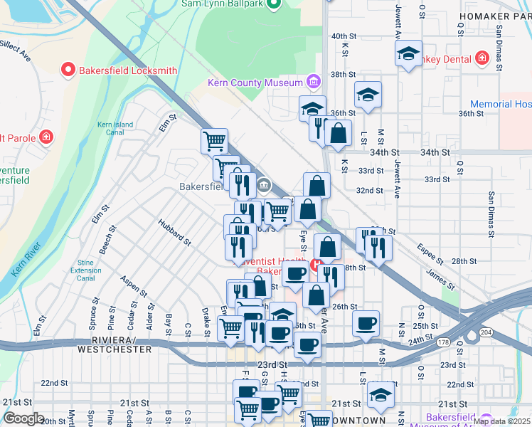 map of restaurants, bars, coffee shops, grocery stores, and more near 3120 F Street in Bakersfield