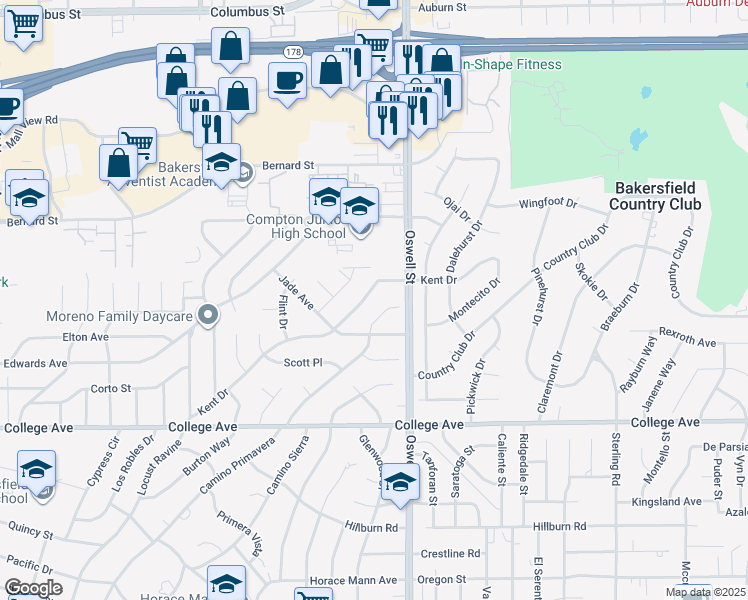 map of restaurants, bars, coffee shops, grocery stores, and more near 2408 Kent Drive in Bakersfield