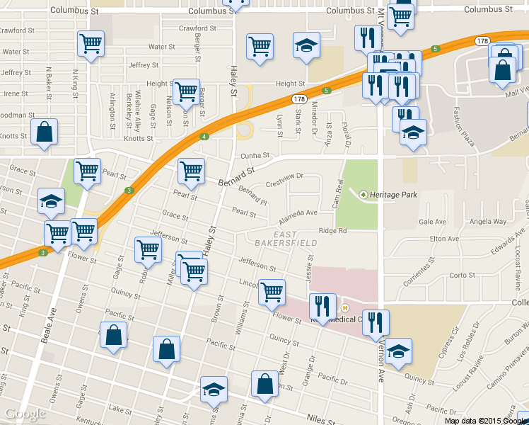 map of restaurants, bars, coffee shops, grocery stores, and more near 2125 San Luis Street in Bakersfield