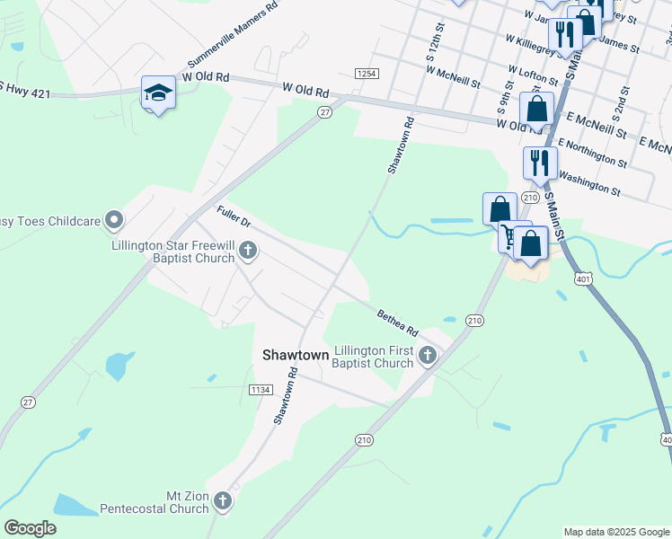 map of restaurants, bars, coffee shops, grocery stores, and more near 480 Shawtown Road in Lillington