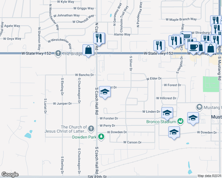 map of restaurants, bars, coffee shops, grocery stores, and more near 806 West Forest Drive in Mustang
