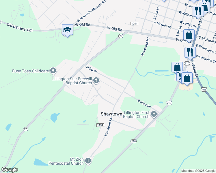 map of restaurants, bars, coffee shops, grocery stores, and more near 131 Zenobia Avenue in Lillington