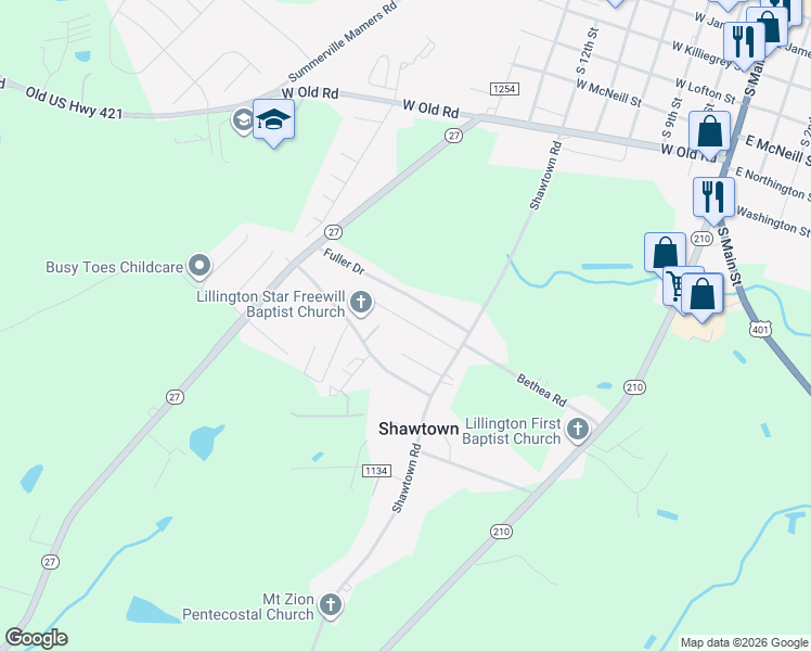 map of restaurants, bars, coffee shops, grocery stores, and more near 131 Zenobia Avenue in Lillington
