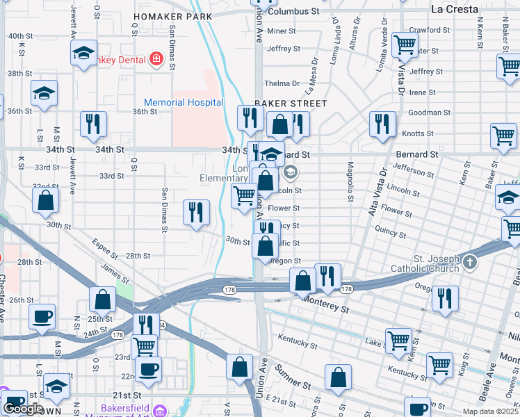 map of restaurants, bars, coffee shops, grocery stores, and more near 2 Flower Street in Bakersfield
