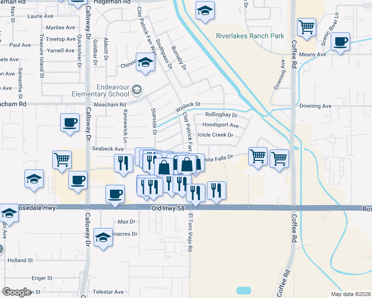 map of restaurants, bars, coffee shops, grocery stores, and more near 2910 Colville Avenue in Bakersfield