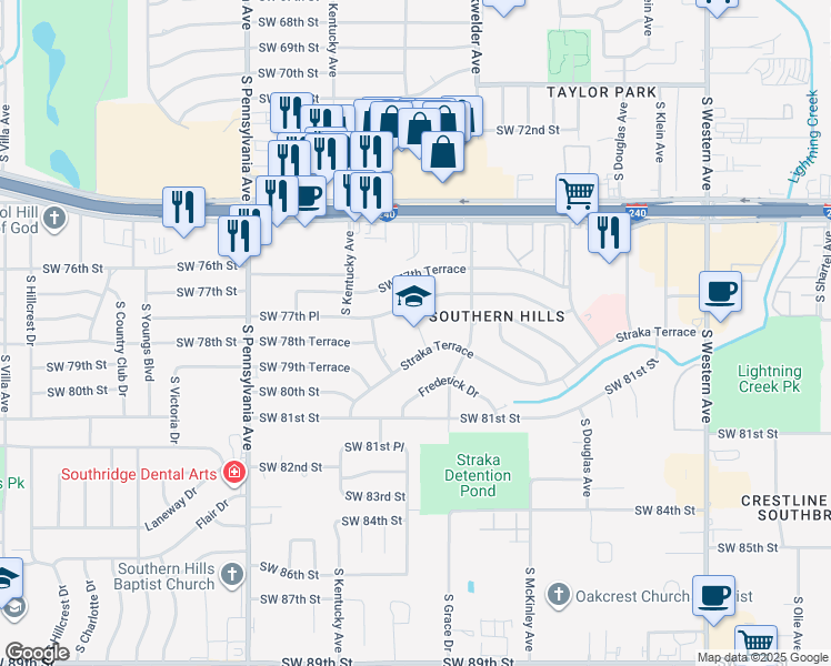 map of restaurants, bars, coffee shops, grocery stores, and more near 7800 South Kentucky Avenue in Oklahoma City