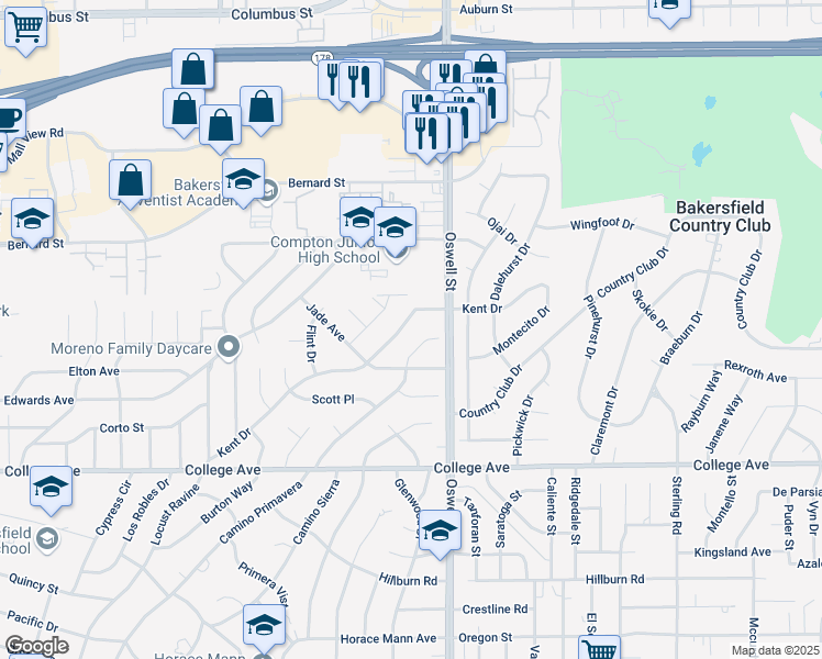 map of restaurants, bars, coffee shops, grocery stores, and more near 2408 Kent Drive in Bakersfield