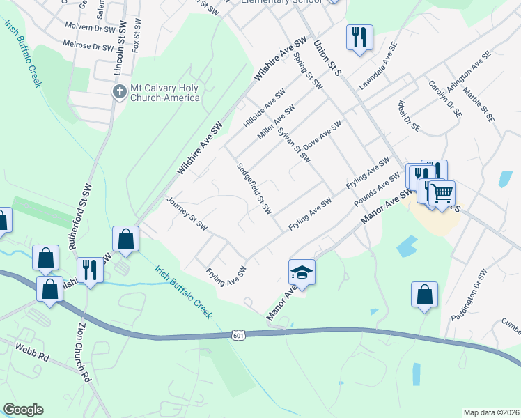 map of restaurants, bars, coffee shops, grocery stores, and more near 667 Sedgefield Street Southwest in Concord