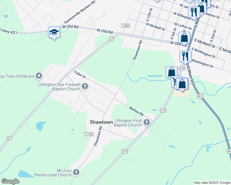 map of restaurants, bars, coffee shops, grocery stores, and more near 480 Shawtown Road in Lillington