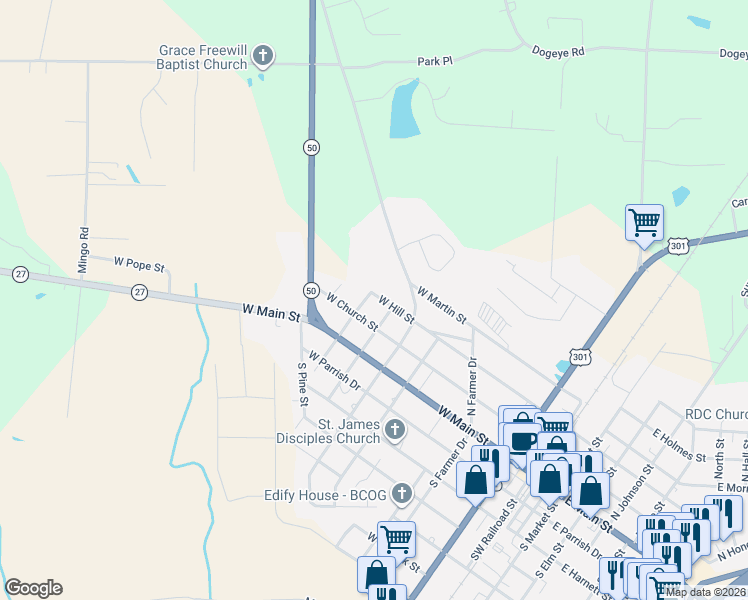 map of restaurants, bars, coffee shops, grocery stores, and more near 206 North Augusta Avenue in Benson