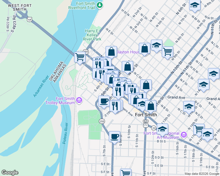 map of restaurants, bars, coffee shops, grocery stores, and more near 424 Garrison Avenue in Fort Smith