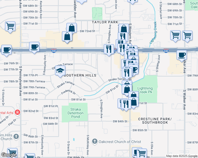 map of restaurants, bars, coffee shops, grocery stores, and more near 7813 South Douglas Avenue in Oklahoma City