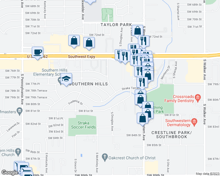 map of restaurants, bars, coffee shops, grocery stores, and more near 7815 South Douglas Avenue in Oklahoma City