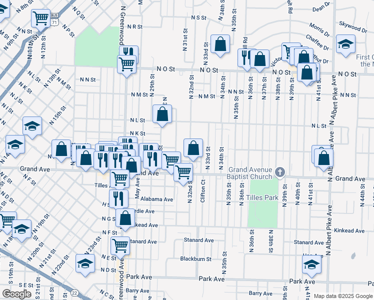 map of restaurants, bars, coffee shops, grocery stores, and more near 1123 North 32nd Street in Fort Smith