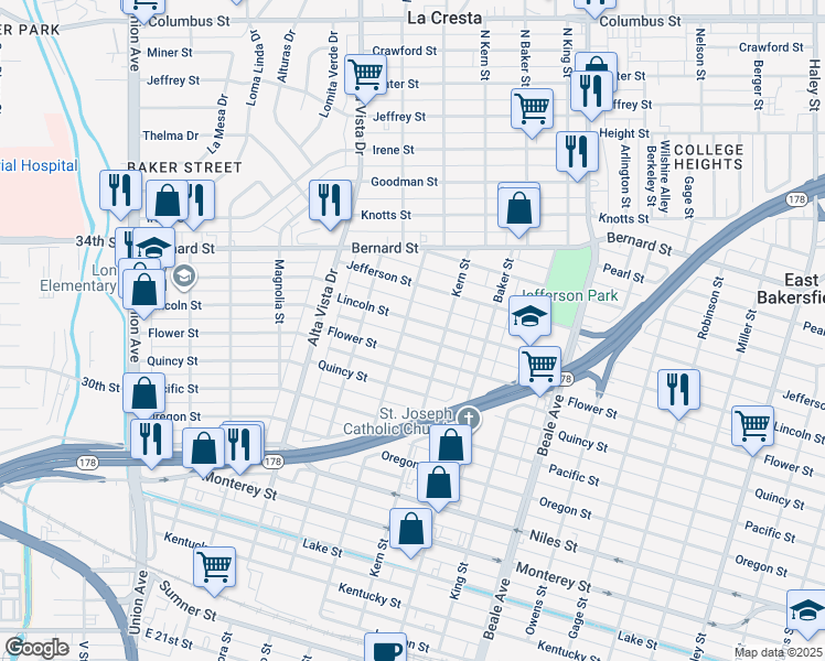 map of restaurants, bars, coffee shops, grocery stores, and more near 500 Lincoln Street in Bakersfield