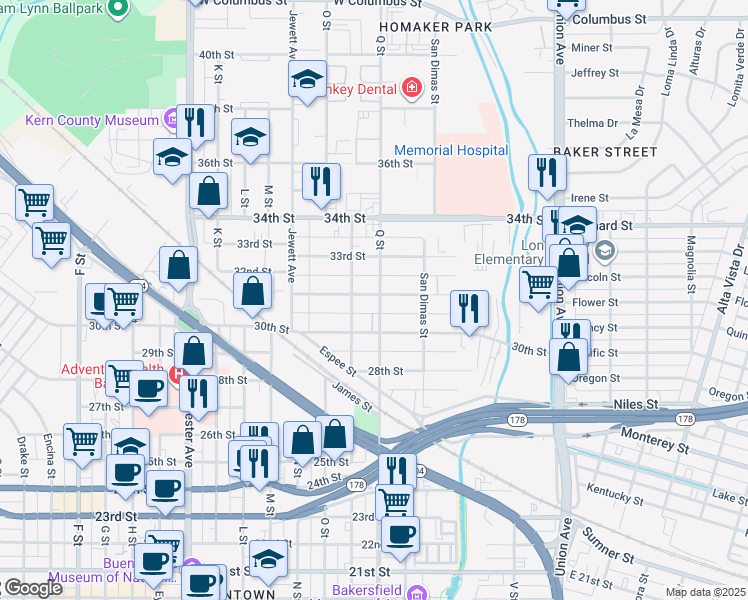 map of restaurants, bars, coffee shops, grocery stores, and more near 824 31st Street in Bakersfield