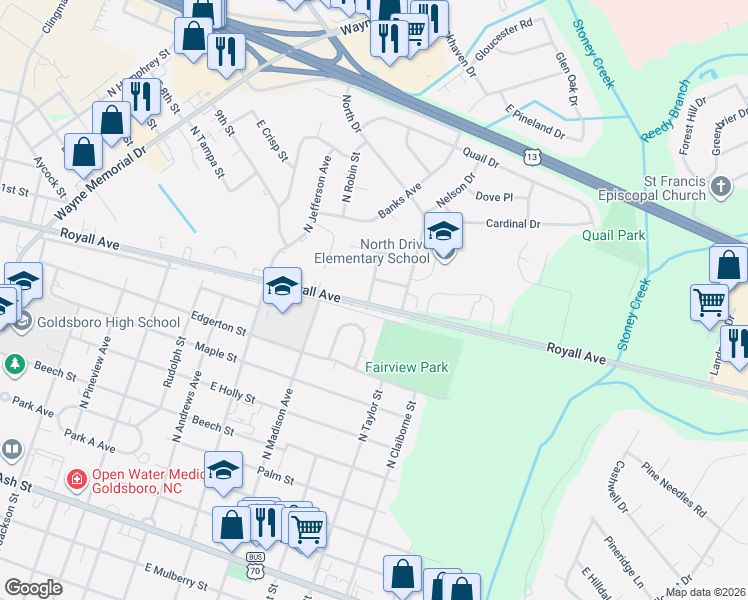 map of restaurants, bars, coffee shops, grocery stores, and more near 1804 Saxon Street in Goldsboro