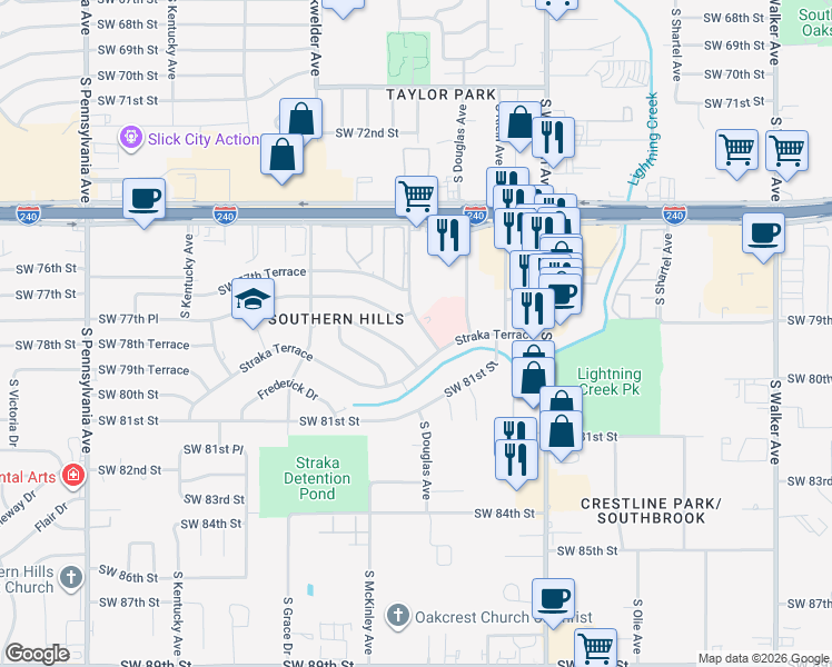 map of restaurants, bars, coffee shops, grocery stores, and more near 1025 Straka Terrace in Oklahoma City