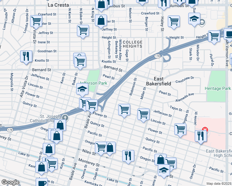 map of restaurants, bars, coffee shops, grocery stores, and more near 1013 Grace Street in Bakersfield