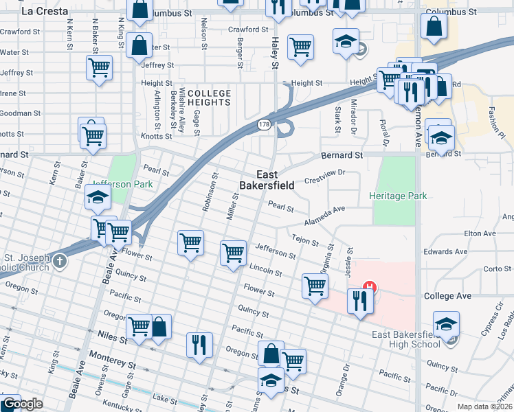 map of restaurants, bars, coffee shops, grocery stores, and more near 1331 Pearl Street in Bakersfield