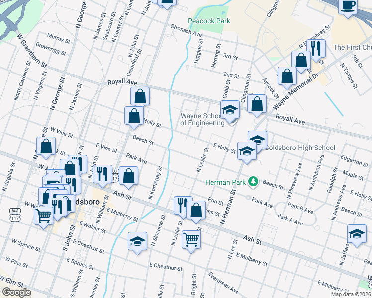 map of restaurants, bars, coffee shops, grocery stores, and more near 505 Beech Street in Goldsboro