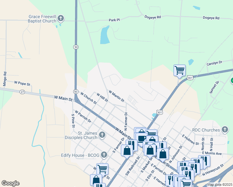 map of restaurants, bars, coffee shops, grocery stores, and more near 416 West Martin Street in Benson