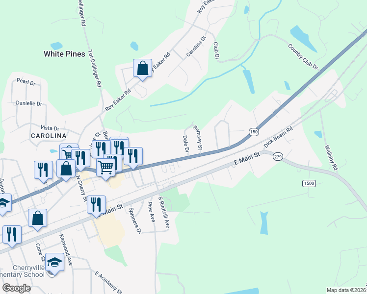 map of restaurants, bars, coffee shops, grocery stores, and more near 203 Dale Drive in Cherryville