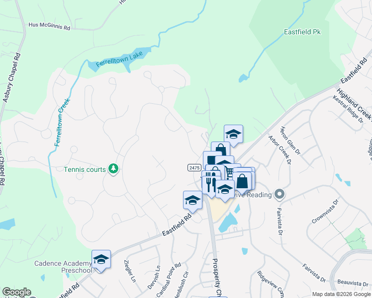 map of restaurants, bars, coffee shops, grocery stores, and more near 10731 Eastfield Road in Huntersville