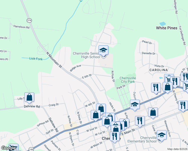 map of restaurants, bars, coffee shops, grocery stores, and more near 301 East 6th Street in Cherryville