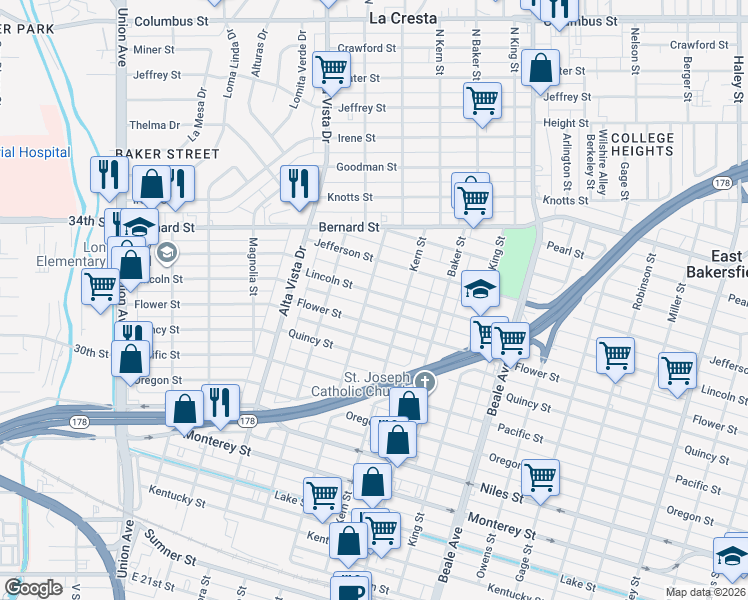 map of restaurants, bars, coffee shops, grocery stores, and more near 500 Lincoln Street in Bakersfield