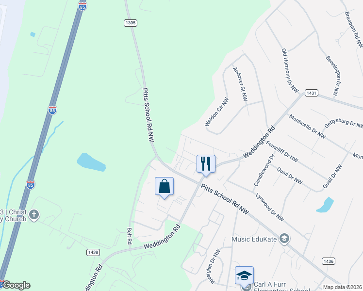 map of restaurants, bars, coffee shops, grocery stores, and more near 6537 Doan Drive Northwest in Concord