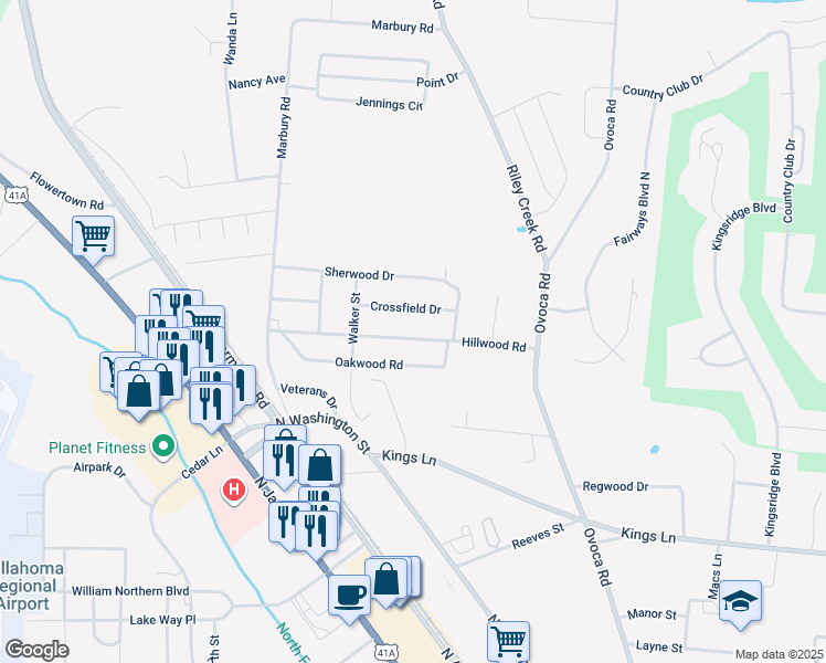 map of restaurants, bars, coffee shops, grocery stores, and more near 418 Crossfield Drive in Tullahoma