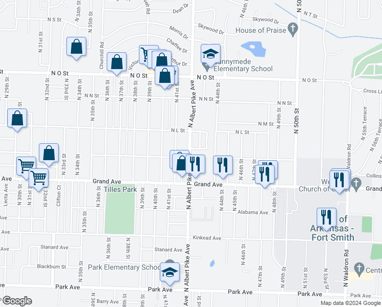 map of restaurants, bars, coffee shops, grocery stores, and more near 1219 North Albert Pike Avenue in Fort Smith