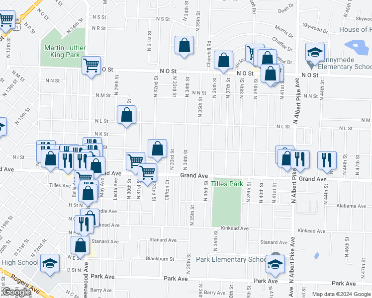 map of restaurants, bars, coffee shops, grocery stores, and more near 1209 North 34th Street in Fort Smith